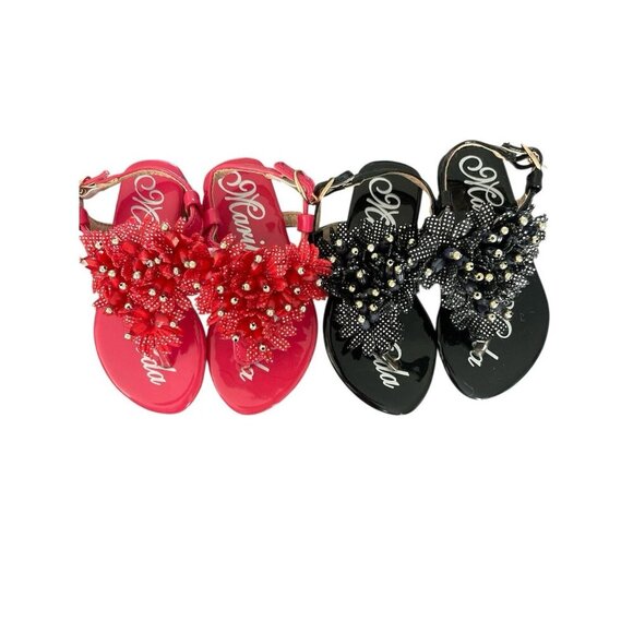 Marilyn Moda Toddler Girls Size 5 Flower T-Strap Sandals 2 Pair -1 Pink 1 Black - Picture 1 of 13